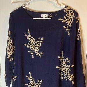 Chic Navy Women's Blouse with Cream Embroidery